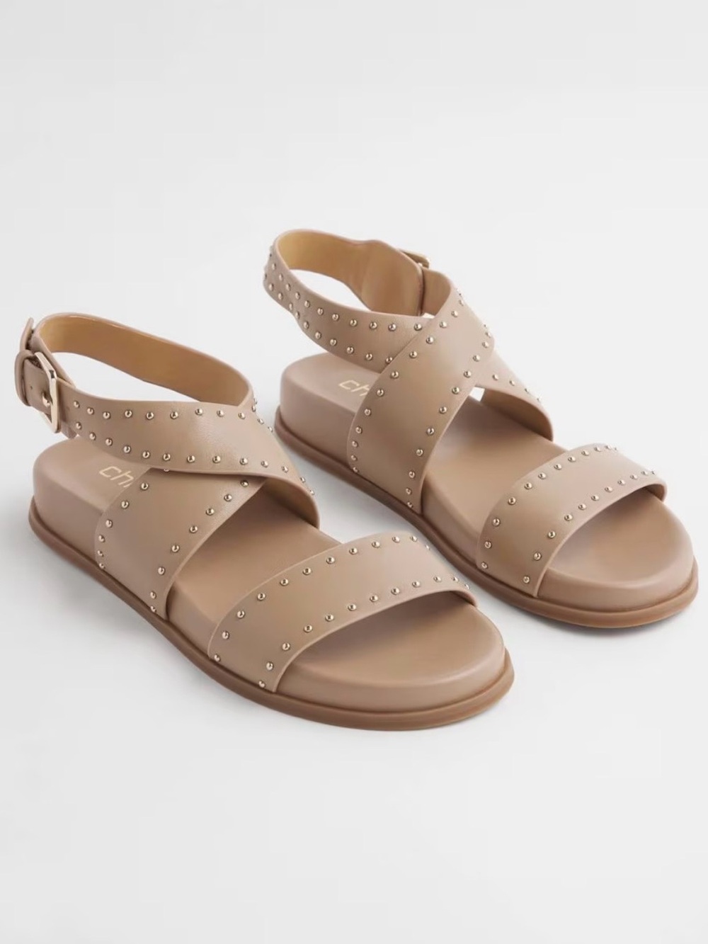 🌺Chico’s Dina Wide Strap Studded Tan Leather Sandals - Size 10.5 M